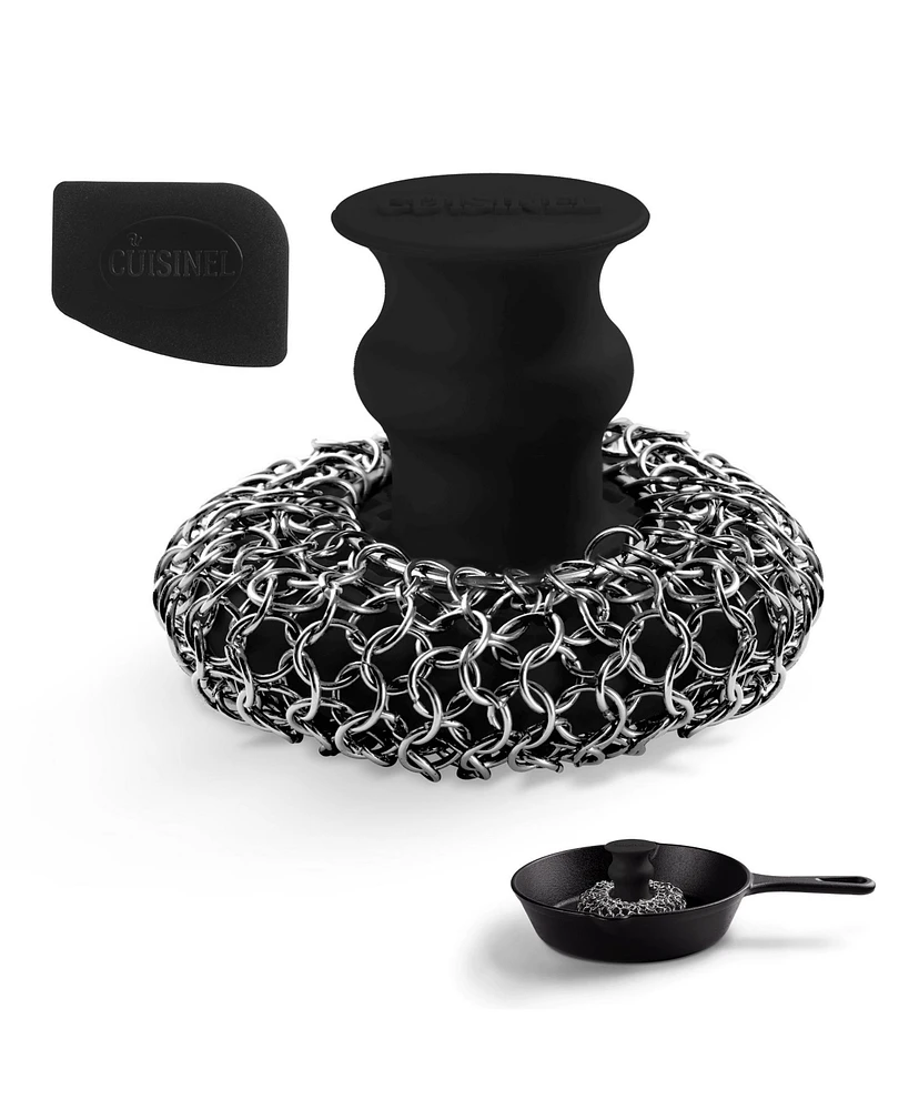 Cuisinel Cast Iron Chainmail Scrubber + Pan Scraper - Deluxe Ergonomic Stainless and Silicone Cleaner for Pots and Skillets - Food-Safe Design