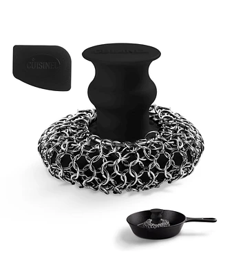 Cuisinel Cast Iron Chainmail Scrubber + Pan Scraper - Deluxe Ergonomic Stainless and Silicone Cleaner for Pots and Skillets - Food-Safe Design