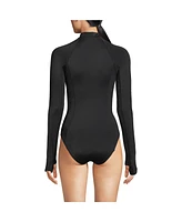 Lands' End Women's Ddd-Cup Tugless Long Sleeve Rash Guard One Piece Swimsuit