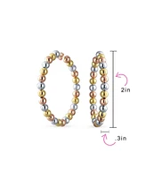 Bling Jewelry Tri Color Bead Hoop Huggie Earrings Gold Plated 2.2 Inch Latch Back Closure