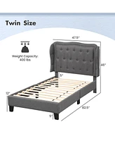 Twin Size Bed Frame with Button Tufted Wingback Headboard Wooden Slats Support