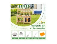 Mud Kitchen Fir Wood Play Kitchen with Canopy and Sink and 4 Stoves