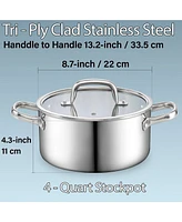 Cook N Home Stainless Steel Stockpot with Lid 4 Quart, Tri-Ply Clad Soup Pot, Induction Cooking pot, Silver