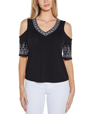 Belldini Women's Embroidered Cold-Shoulder Knit Top