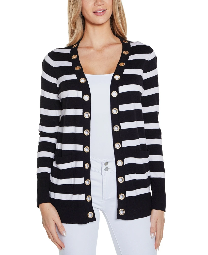 Belldini Women's Rhinestone Grommet Striped Open-Front Cardigan Sweater