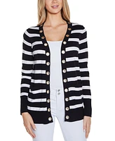 Belldini Women's Rhinestone Grommet Striped Open-Front Cardigan Sweater