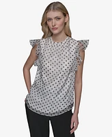 Karl Lagerfeld Paris Women's Dot-Print Organza Flutter-Sleeve Blouse