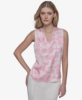 Karl Lagerfeld Paris Women's Printed Crisscross V-Neck Blouse