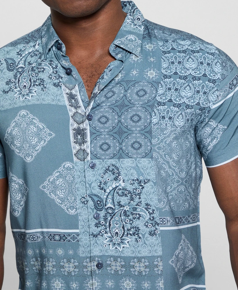 Guess Men's Slim Fit Short Sleeve Patchwork Button-Front Shirt