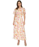 Calvin Klein Women's Floral-Print Cape-Back Chiffon Dress