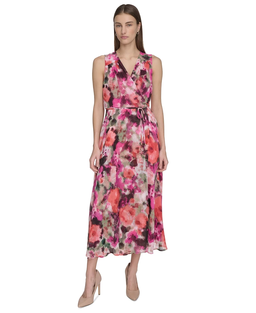 Calvin Klein Women's Floral-Print Faux-Wrap Sleeveless Dress