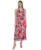 Calvin Klein Women's Floral-Print Faux-Wrap Sleeveless Dress