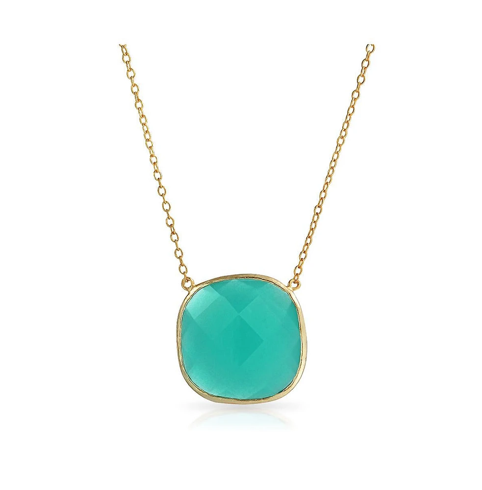 Bling Jewelry Exquisite Teal Blue-Green Faceted Stone Pendant Necklace Gold Plated Silver