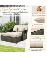 Patio Wicker Loveseat Sofa with Multipurpose Ottoman and Retractable Side Tray