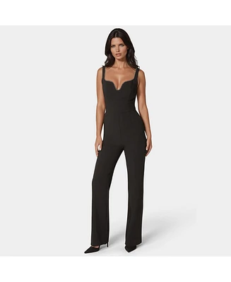 Bebe Women's Plunging U Neck Chain Detail Wide Leg Jumpsuit