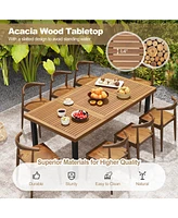 Acacia Wood Dining Table 8-Person Patio Table with Umbrella Hole and Adjustable Foot Pads