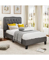 Twin Size Bed Frame with 46" Tall Button Tufted Headboard Wooden Slats Support