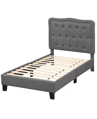 Twin Size Bed Frame with 46" Tall Button Tufted Headboard Wooden Slats Support