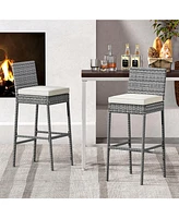 Patio Wicker Barstools with Soft Seat Cushion and Cozy Footrest-Set of