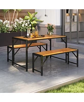 3 Pieces Patio Dining Set with Acacia Wood Dining Table and 2 Benches