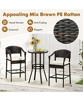 3-Piece Patio Rattan Bar Set with Tempered Glass Top for Backyard Poolside