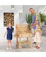 Kids Wooden Barbecue Grill Playset Pretend Kitchen with Food and Wheels