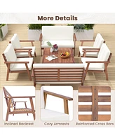 Gymax 8PCS Conversation Set Acacia Wood Sofa Coffee Table w/ Cushioned Seat Patio