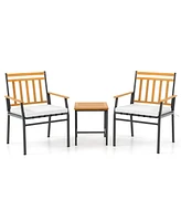 Gymax 3 Pcs Acacia Wood Bistro Set Patio Conversation Set w/ Cushions and Coffee Table