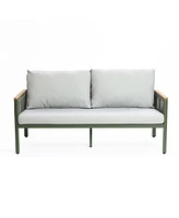 LuxenHome Outdoor Aluminum with Wood-Style Plastic Loveseat Sofa with Cushions and Coffee Table Set