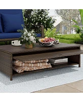 Patio Rattan Daybed Wicker Loveseat Sofa with Multifunctional Ottoman