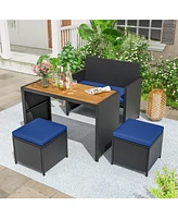 4 Piece Outdoor Dining Set with Wood Topped Dining Table Rattan Loveseat Chair and 2 Ottomans