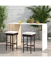 Patio Rattan Barstools Set of with Footrest and Soft Cushions for Backyard Balcony