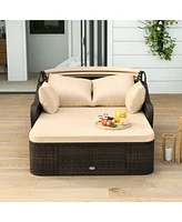 Patio Pe Rattan Daybed with Retractable Canopy and Soft Cushions