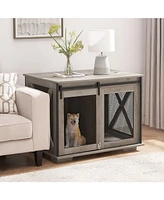 Farmhouse Dog Cage Crate Furniture with Sliding Barn Door Gray