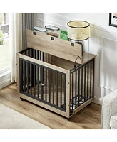 Furniture Style Dog Crate Side Table With Feeding Bowl, Wheels, Three Doors, Flip-Up Top Opening. Indoor, Grey