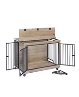 Furniture Style Dog Crate Side Table With Rotatable Feeding Bowl, Wheels, Three Doors, Flip-Up Top Opening. Indoor, Grey