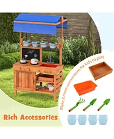 Wooden Pretend Play Kitchen with Height Adjustable Canopy for Kids