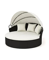 Clamshell Patio Round Daybed Wicker with Retractable Canopy and Pillows
