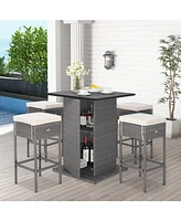 5 Pieces Outdoor Wicker Bar Table Set with Hidden Storage Shelves