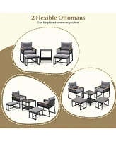 Gymax 5 Piece Patio Conversation Set Pe Rattan Wicker Chairs w/ 2 Ottomans Soft Cushions