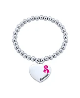 Bling Jewelry Heart Charm Id Bracelet with Pink Ribbon for Breast Cancer Survivor Stainless Steel