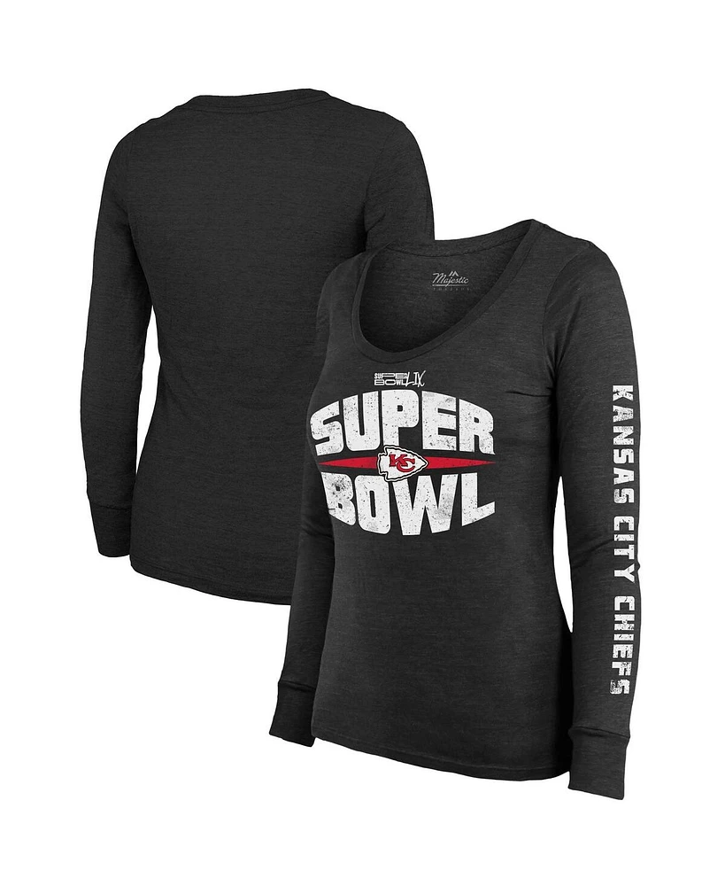 Majestic Women's Black Kansas City Chiefs Super Bowl Lix Franklin Tri-Blend Long Sleeve Scoop Neck T-Shirt