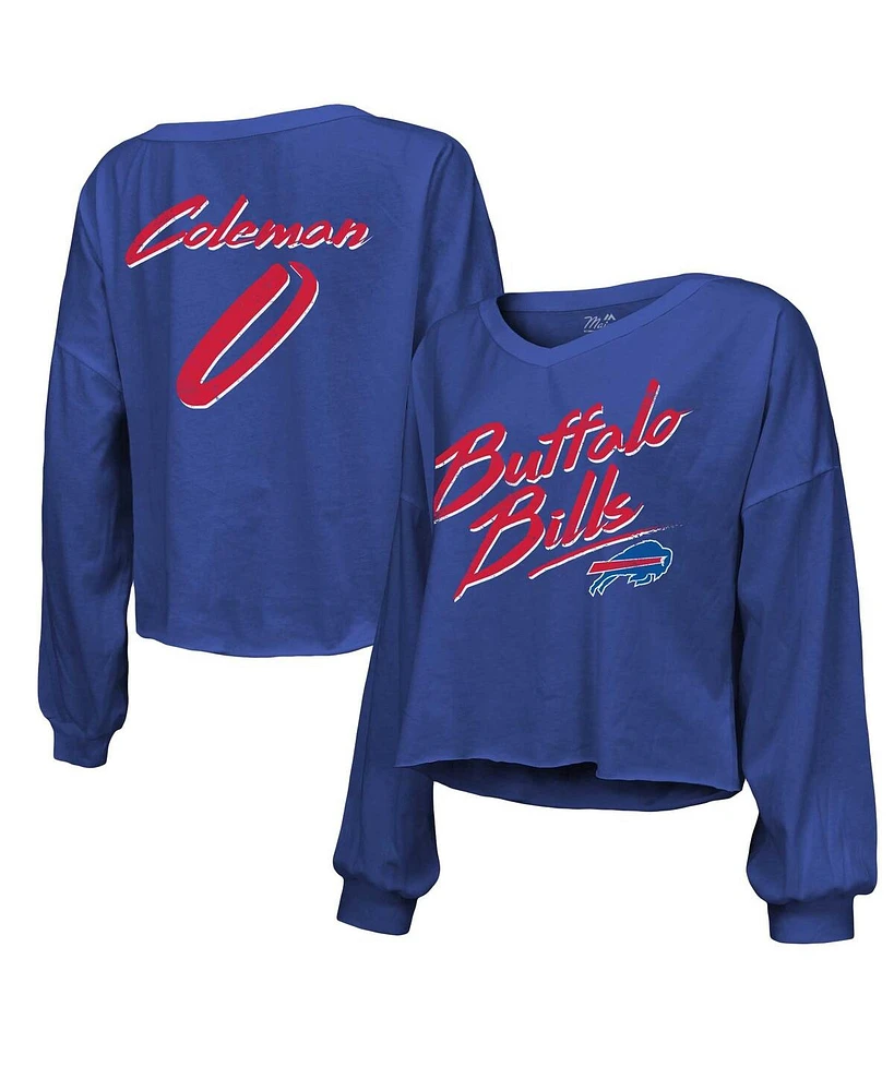 Majestic Women's Keon Coleman Royal Buffalo Bills Name Number Off-Shoulder Script Cropped Long Sleeve V-Neck T-Shirt