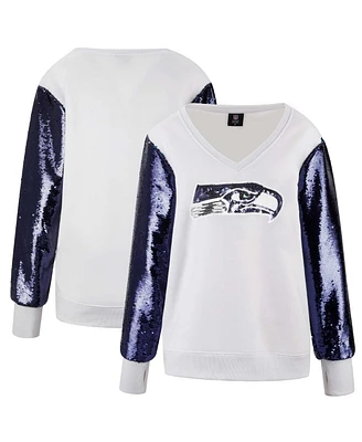 Cuce Women's White/Navy Seattle Seahawks Sequin Sleeve V-Neck Pullover Sweatshirt