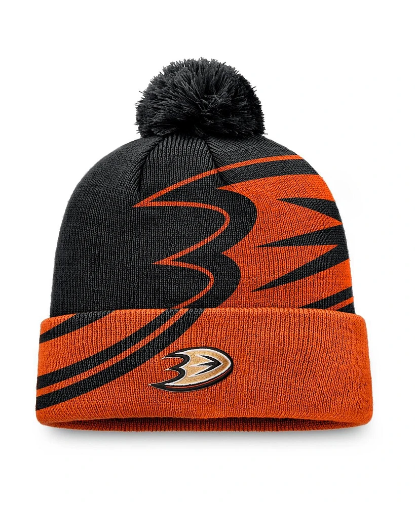 Fanatics Men's Black/Orange Anaheim Ducks Block Party Cuffed with Pom Knit Hat