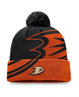 Fanatics Men's Black/Orange Anaheim Ducks Block Party Cuffed with Pom Knit Hat