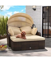 Patio Pe Rattan Daybed with Retractable Canopy Soft Cushions and Extra Pillows