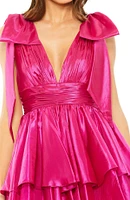 Women's Oversized Bow Deep V Ruffle Mini Dress