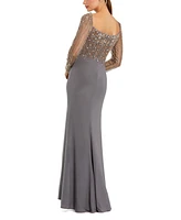 Women's Beaded Square Neck Long Sleeve Jersey Gown