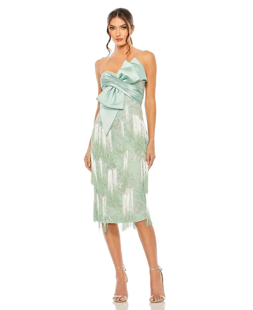 Mac Duggal Women's Bow Front Ombre Fringe Detailed Dress